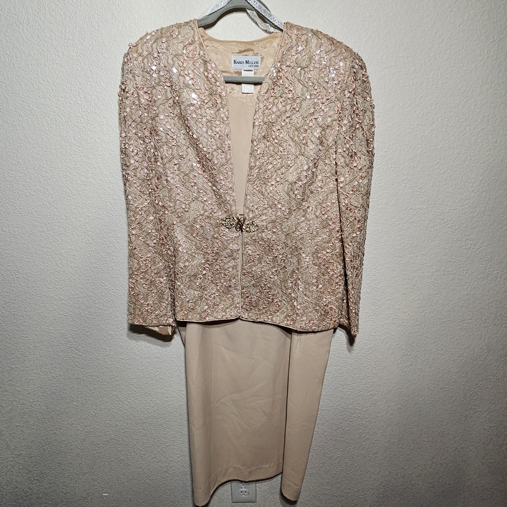 Vintage Karen Miller New York Pink Sequin Jacket & Dress Set, Size 18